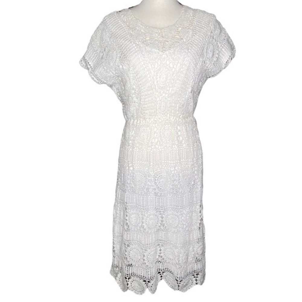 Vintage Handmade Dress White Crochet Knit Lace Overlay Elastic Waist‎ Dress